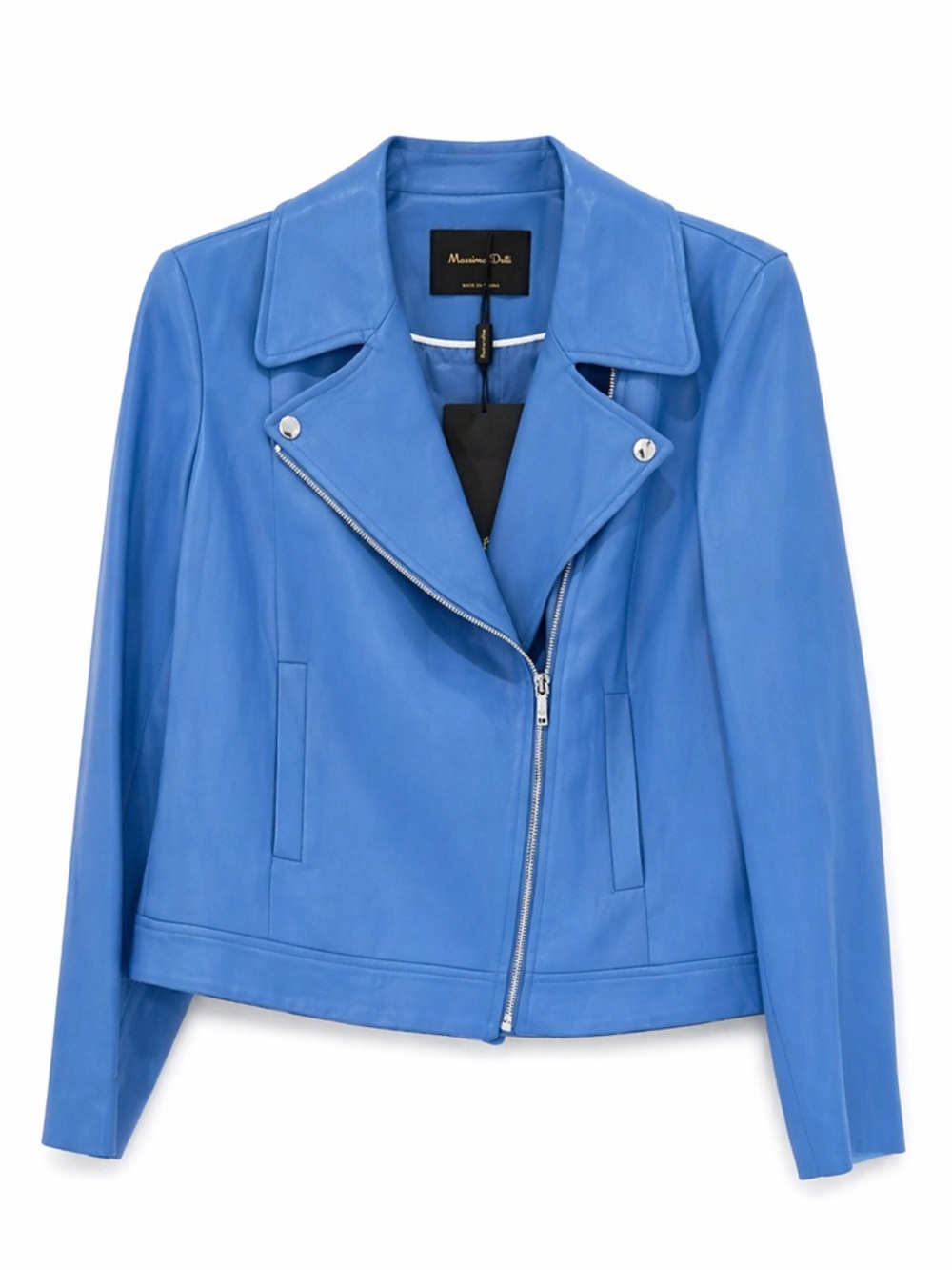 NWT Massimo Dutti Women's Stonewashed Blue Leather Biker Moto Jacket Size 10